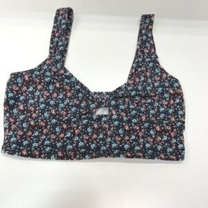 Navy Blue Ditsy Floral Knot Front Crop Top Sleeveless V-Neck Keyhole Tank